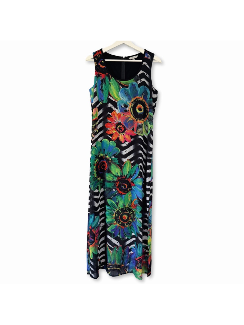 JOHN MARK Maxi Dress Size Small Black Multicolor Floral Sleveless Zebra Print